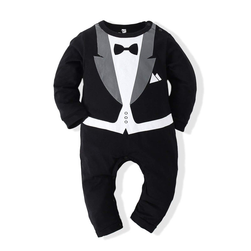 Kimocat Baby Boy Romper Tuxedo Jumpsuit Gentleman One-Piece Button-Down Bowtie Wedding Suit Bodysuit (Black&Black Bowtie, 6-12 months/80) - Image 1